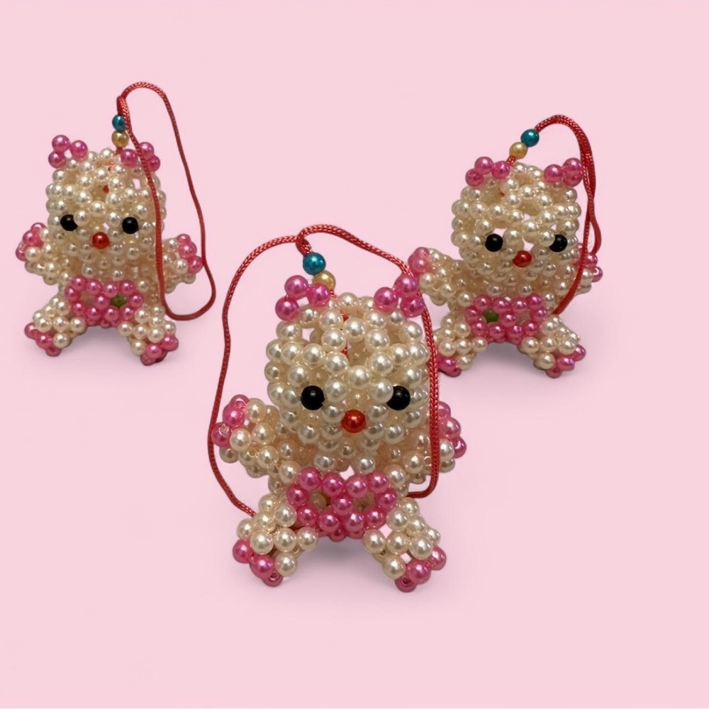 Pink Beaded Bear Ornaments – Set of 3 (Handmade)
